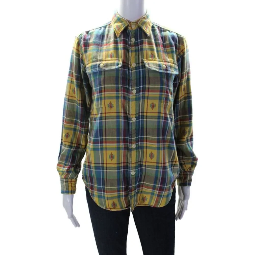 Polo Ralph Lauren Womens Cotton Yellow Plaid Collar Button Down Shirt Size XS